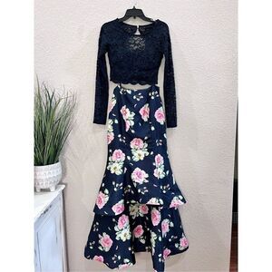 Sequin Hearts Navy Blue Floral two piece long sleeve prom dress open back sz 5